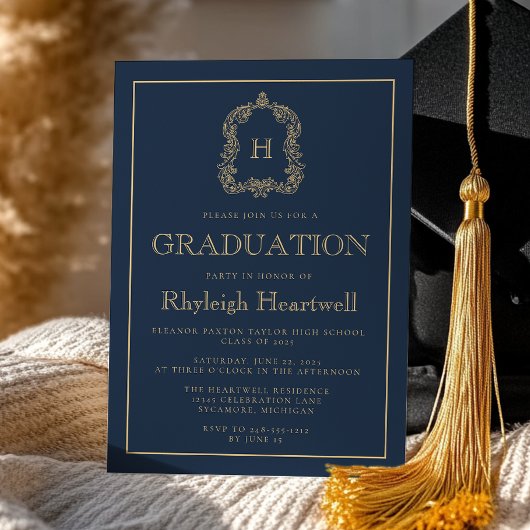 ネイビーブルー金ゴールドモノグラムクレスト卒業パーティー 招待状