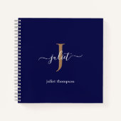 ネイビーブルー金ゴールドモノグラムシンプルミニマリストシック ノートブック (正面)