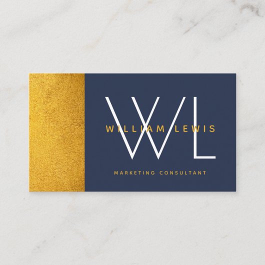 ネイビーブルー金ゴールドモノグラムモダンミニマルQRコード 名刺 (正面)