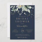 ネイビーブルー金ゴールドユーカリプスグリーンブライダルシャワー 招待状 (正面)