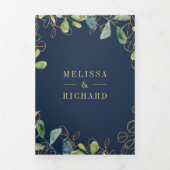 ネイビーブルー金ゴールドユーカリリースQRコード結婚ズ 三つ折り招待状 (カバー)