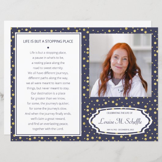 ネイビーブルー金ゴールドライフ葬儀プログラムお祝い (正面/裏面)