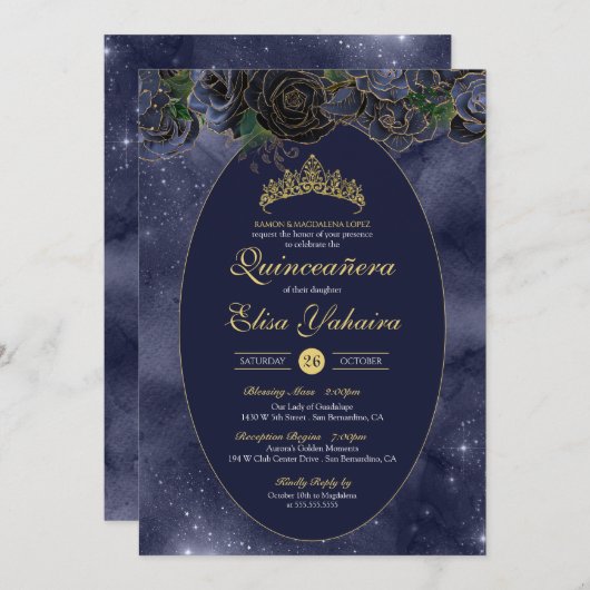 ネイビーブルー金ゴールドラグジュアリーエレガントキンセアニェラ 招待状 (正面/裏面)