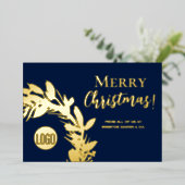 ネイビーブルー金ゴールドリースメリークリスマス 箔シーズンカード (立ち正面)