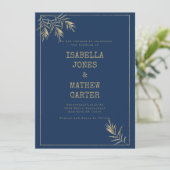 ネイビーブルー金ゴールドリーフタイプライターフォントテーマ結婚ズ 招待状 (スタンド正面)