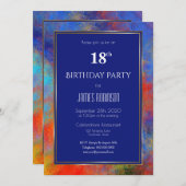 ネイビーブルー金ゴールドレッドウォーターカラー18thバースデーパーティー 招待状 (正面/裏面)
