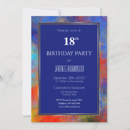 ネイビーブルー金ゴールドレッドウォーターカラー18thバースデーパーティー 招待状