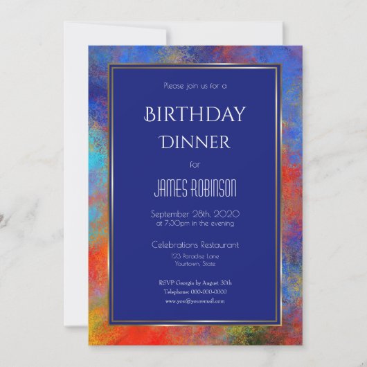 ネイビーブルー金ゴールドレッドウォーター色誕生日ディナー 招待状 (正面)
