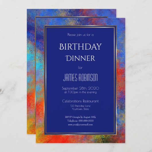 ネイビーブルー金ゴールドレッドウォーター色誕生日ディナー 招待状 (正面/裏面)