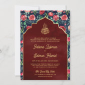 ネイビーブルー金ゴールドレッドローゼスムスリム結婚ズ 招待状 (正面)