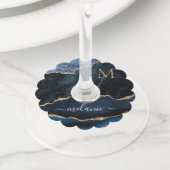 ネイビーブルー金ゴールドワイングラスラベル名前をカスタムするレター ワイングラスタグ (クローズアップ)