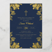 ネイビーブルー金ゴールドヴィンテージクロスボーイズ第1聖餐式 箔招待状 (正面)