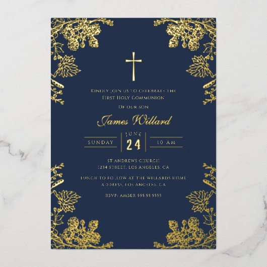 ネイビーブルー金ゴールドヴィンテージクロスボーイズ第1聖餐式 箔招待状 (正面)