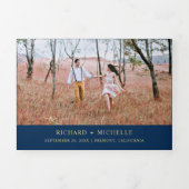 ネイビーブルー金ゴールド世界地図結婚All In One 三つ折り招待状 (カバー)