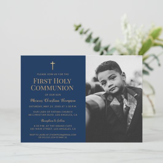 ネイビーブルー金ゴールド写真第1聖餐式への招待 サンキューカード (スタンド正面)