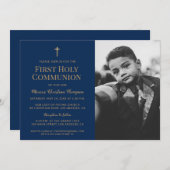 ネイビーブルー金ゴールド写真第1聖餐式への招待 サンキューカード (正面/裏面)
