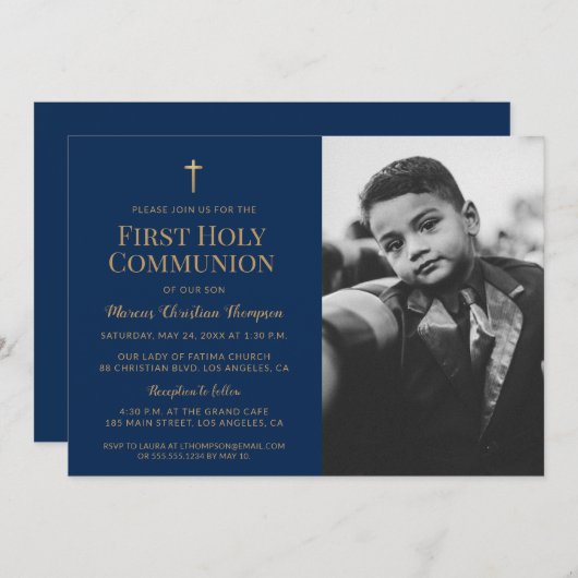 ネイビーブルー金ゴールド写真第1聖餐式への招待 サンキューカード (正面/裏面)