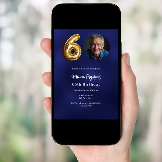 ネイビーブルー金ゴールド写真第60回誕生日 招待状