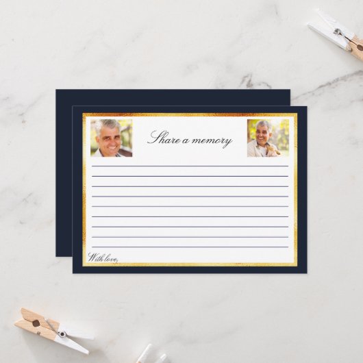 ネイビーブルー金ゴールド写真記念共有メモリカード 招待状 (正面/裏面インサイチュ)