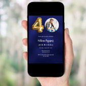 ネイビーブルー金ゴールド写真40歳 招待状