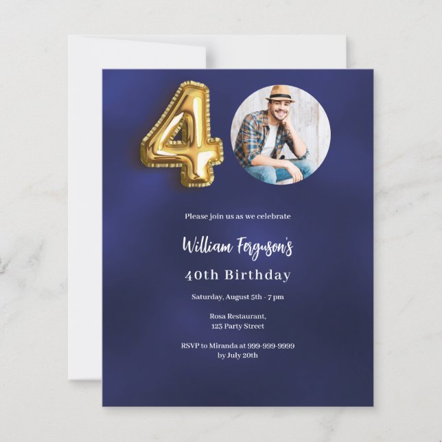 ネイビーブルー金ゴールド写真40th birthday invitation (正面)
