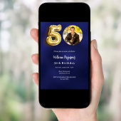 ネイビーブルー金ゴールド写真50歳 招待状