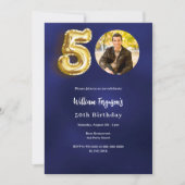 ネイビーブルー金ゴールド写真50歳 招待状 (正面)