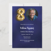 ネイビーブルー金ゴールド写真80歳 招待状 (正面)