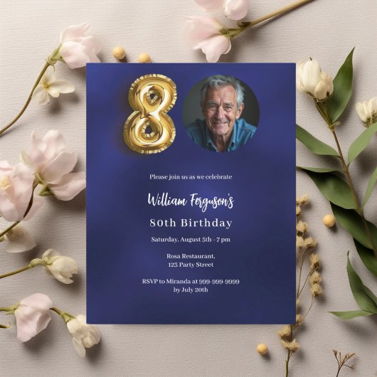 ネイビーブルー金ゴールド写真80th birthday invitation
