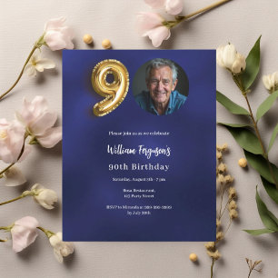 ネイビーブルー金ゴールド写真90th birthday invitation