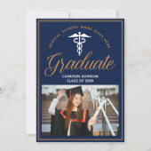 ネイビーブルー金ゴールド医学校写真卒業 案内状 (正面)