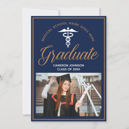 ネイビーブルー金ゴールド医学校写真卒業 案内状 (正面)