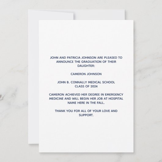 ネイビーブルー金ゴールド医学校写真卒業 案内状 (裏面)