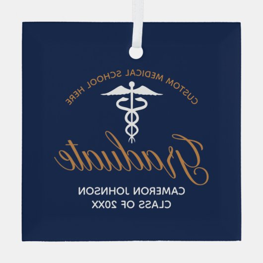 ネイビーブルー金ゴールド医学校卒業ギフト ガラスオーナメント (裏面)