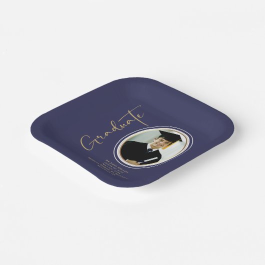 ネイビーブルー金ゴールド卒業スクリプトミニマル写真 ペーパープレート (傾斜あり)