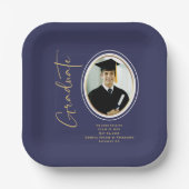 ネイビーブルー金ゴールド卒業スクリプトミニマル写真 ペーパープレート (正面)