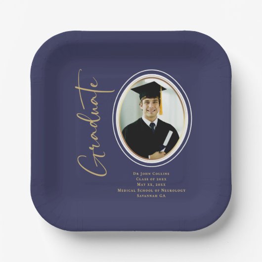 ネイビーブルー金ゴールド卒業スクリプトミニマル写真 ペーパープレート (正面)