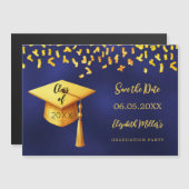 ネイビーブルー金ゴールド卒業パーティー日付カードを保存 マグネット招待状 (正面/裏面)