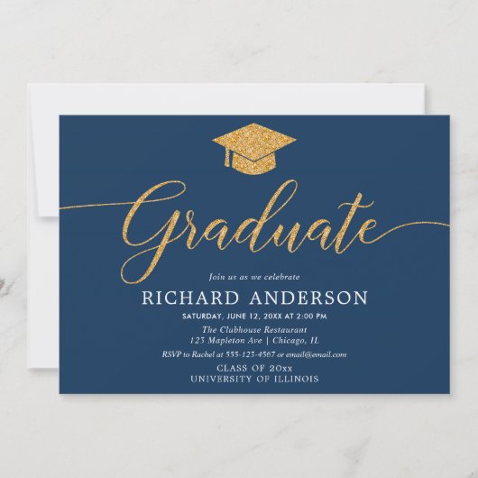 ネイビーブルー金ゴールド卒業会卒業生 招待状 (正面)