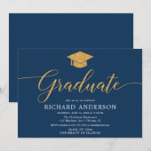 ネイビーブルー金ゴールド卒業会卒業生 招待状 (正面/裏面)