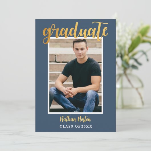 ネイビーブルー金ゴールド台本写真卒業パーティー 招待状 (スタンド正面)