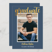 ネイビーブルー金ゴールド台本写真卒業パーティー 招待状 (正面/裏面)