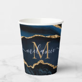 ネイビーブルー金ゴールド大理石あなたの手紙の名前紙カップ 紙コップ (左)