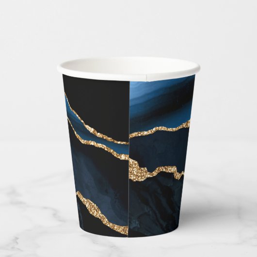 ネイビーブルー金ゴールド大理石あなたの手紙の名前紙カップ 紙コップ (右)