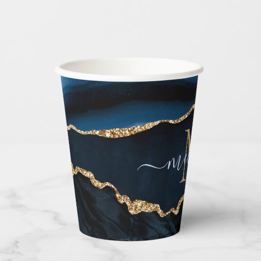 ネイビーブルー金ゴールド大理石あなたの手紙の名前紙カップ 紙コップ (正面)