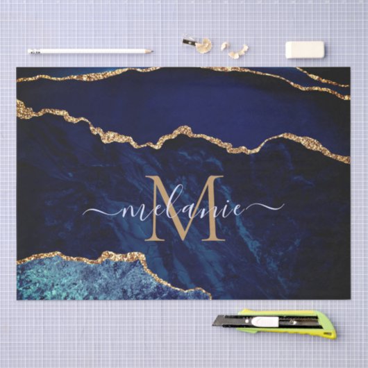 ネイビーブルー金ゴールド大理石ティッシュペーパー追加の名前文字 薄葉紙 (クラフト)