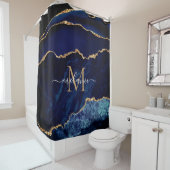 ネイビーブルー金ゴールド大理石モノグラム名シャワーカーテン シャワーカーテン (インサイチュ)