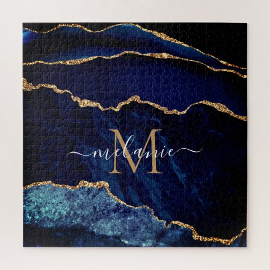 ネイビーブルー金ゴールド大理石モノグラム名パズルギフト ジグソーパズル (縦)