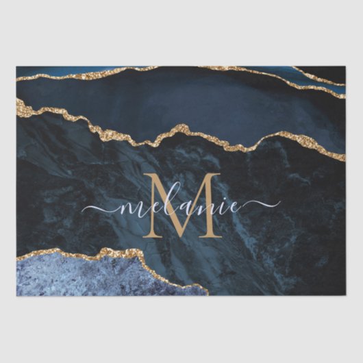 ネイビーブルー金ゴールド大理石レターネームティッシュペーパー 薄葉紙 (正面)