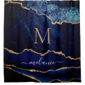 ネイビーブルー金ゴールド大理石名前をカスタムするシャワーカーテン シャワーカーテン (正面)